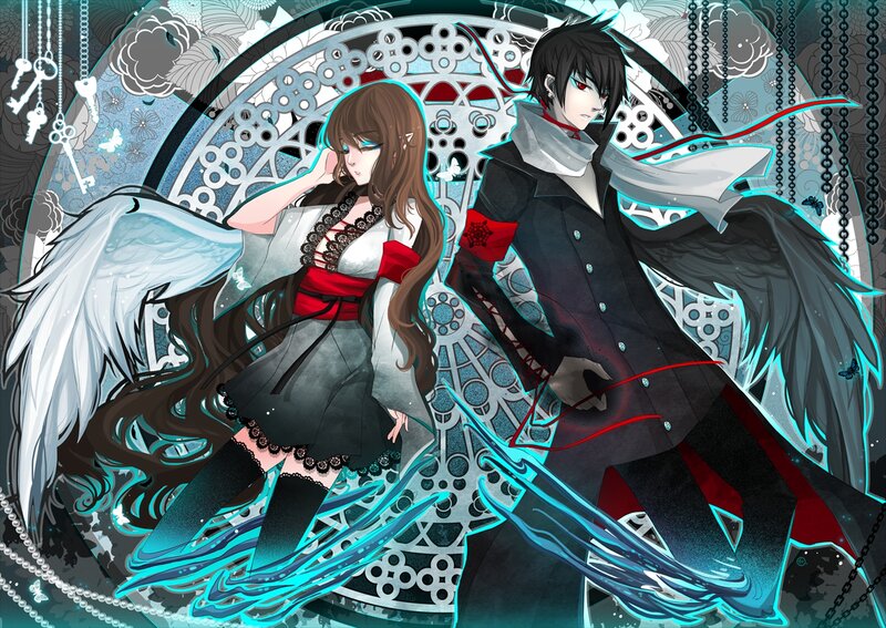 Two Anime Characters — Black, Dramatic, Digital Art, Wings