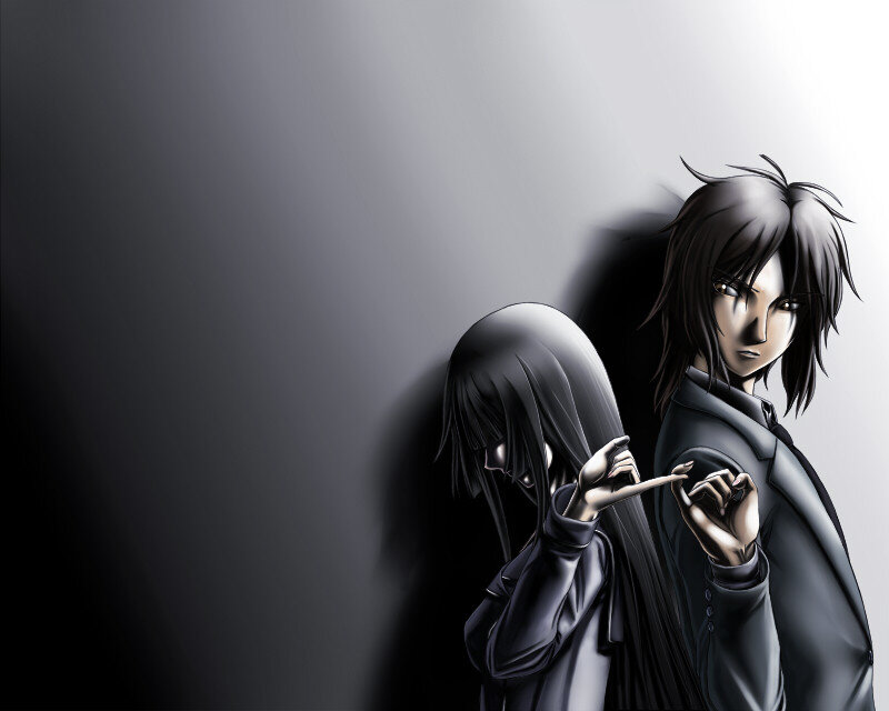 Two Anime Characters — Black, Dramatic, Long Hair, Suit