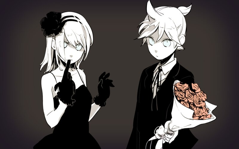 Two Anime Characters — Black, Dramatic, Manga, Flowers, Gloves