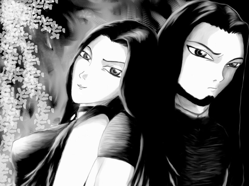 Two Anime Characters — Black, Dramatic, Manga, Long Hair, Hooded Cloaks