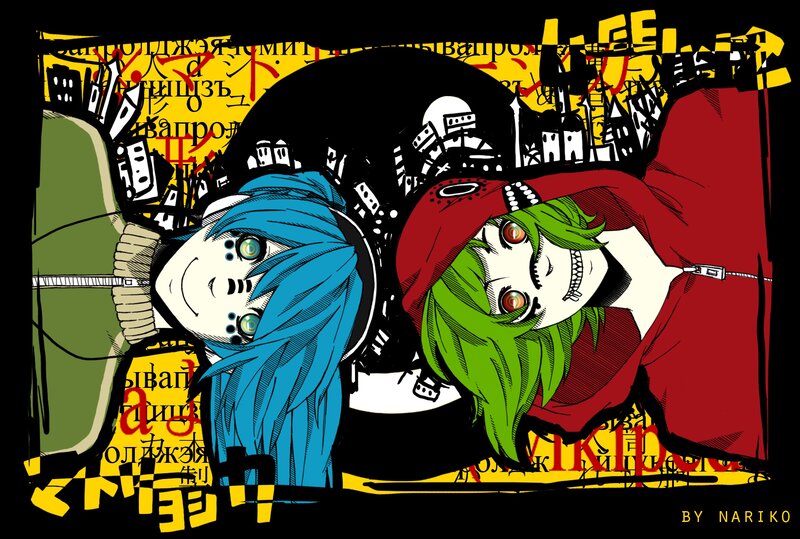 Two Anime Characters — Black, Dramatic, Manga, Text, Cityscape
