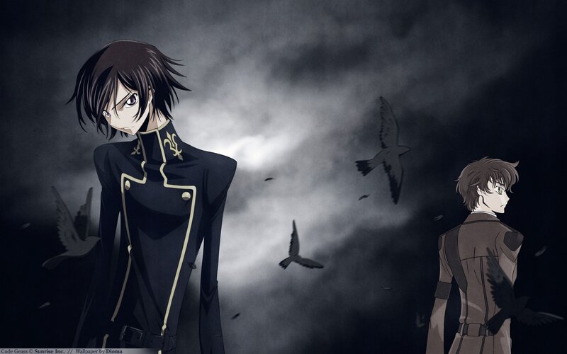 Two Anime Characters — Black, Dramatic, Night, Birds, Smoke