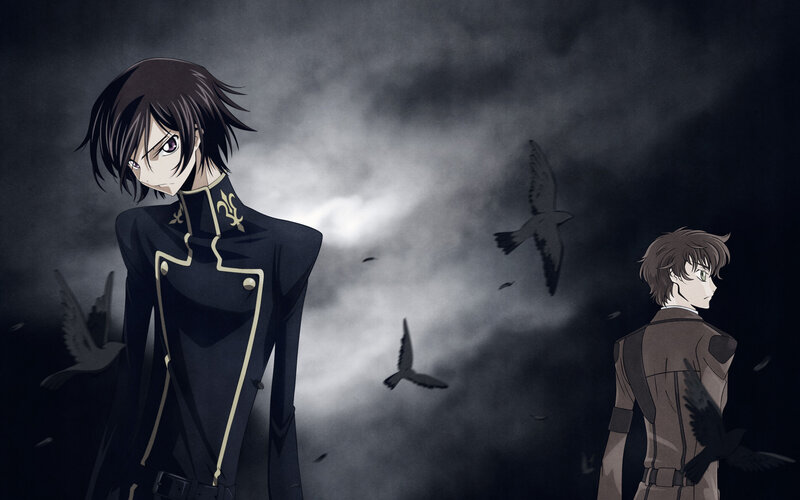 Two Anime Characters — Black, Dramatic, Night, Birds, Uniforms