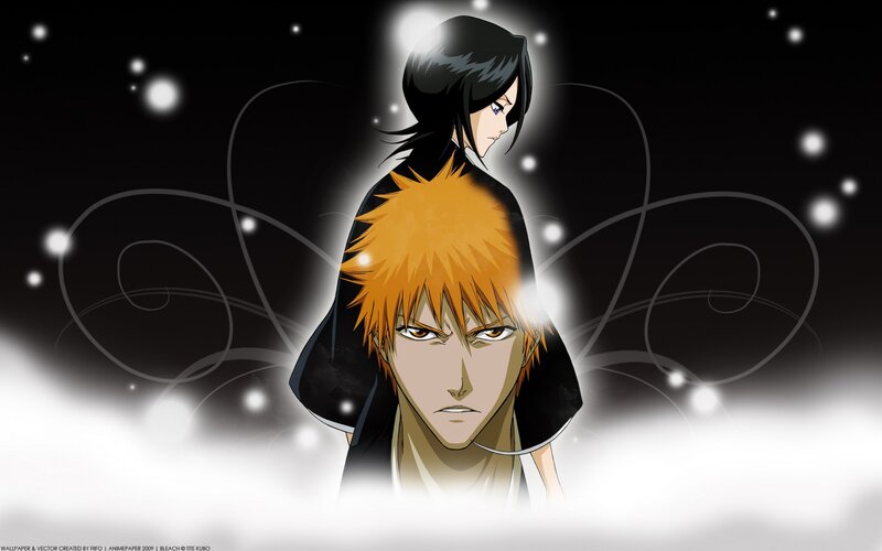 Two Anime Characters — Black, Dramatic, Night, Black Background, White Lights, Swirls
