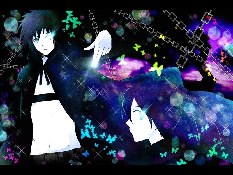 Two Anime Characters — Black, Dramatic, Night, Digital Art, Butterflies, Chains
