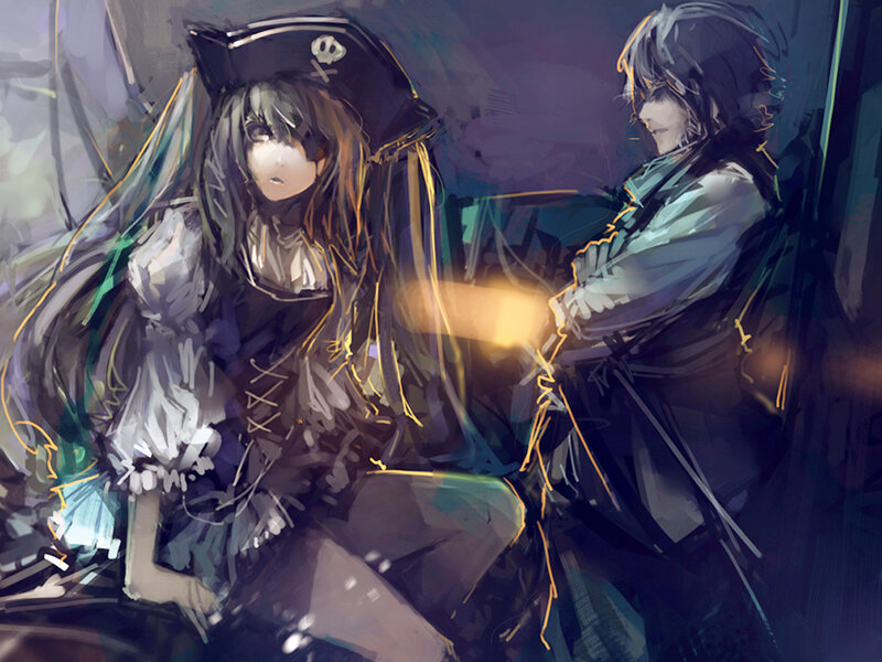 Two Anime Characters — Black, Dramatic, Night, Digital Art, Pirate Hat
