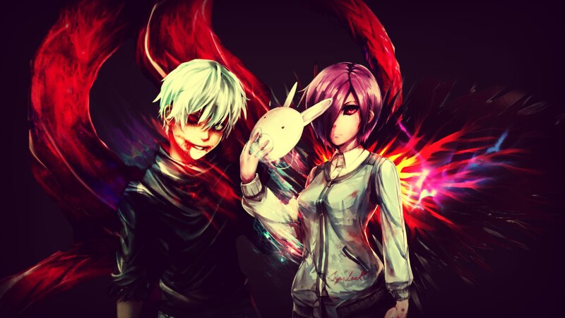 Two Anime Characters — Black, Dramatic, Night, Digital Art, Red Wings