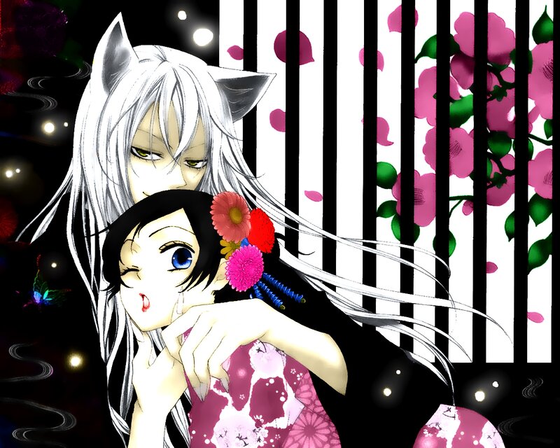 Two Anime Characters — Black, Dramatic, Night, Flowers
