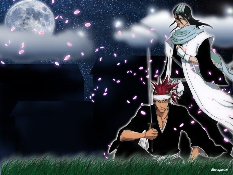 Two Anime Characters — Black, Dramatic, Night, Moon, Cherry Blossoms