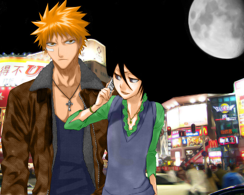 Two Anime Characters — Black, Dramatic, Night, Moon, City Lights