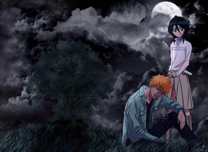 Two Anime Characters — Black, Dramatic, Night, Moon, Clouds