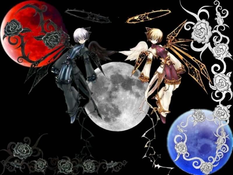 Two Anime Characters — Black, Dramatic, Night, Moon, Roses