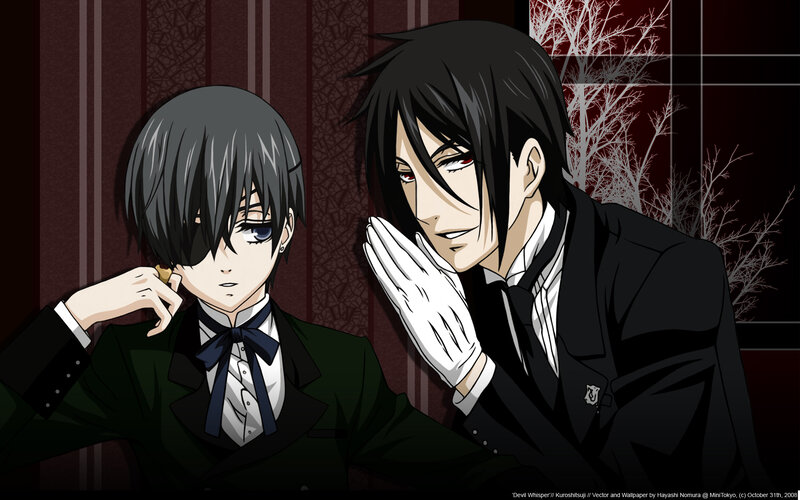 Two Anime Characters — Black, Dramatic, Night, Suits, Gloves, Trees