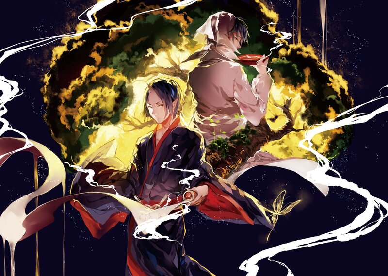 Two Anime Characters — Black, Dramatic, Night, Sword, Tree