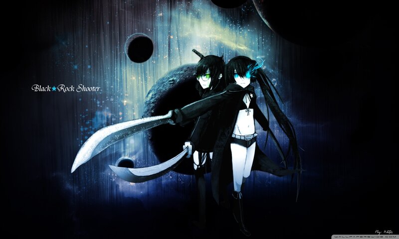 Two Anime Characters — Black, Dramatic, Night, Swords, Planets, Space