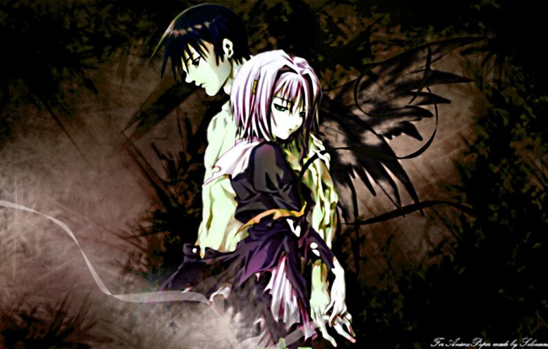 Two Anime Characters — Black, Dramatic, Night, Wings, Dark Forest