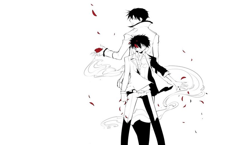 Two Anime Characters — Black, Dramatic, Red Petals, White Coats