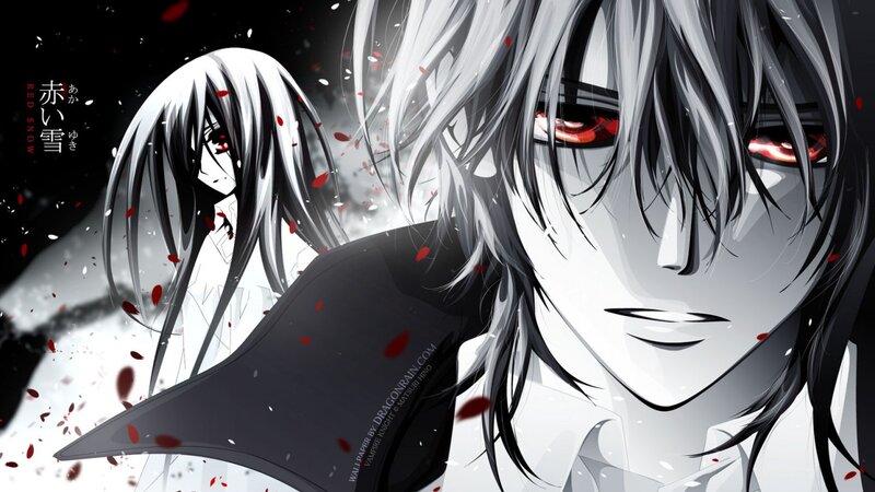 Two Anime Characters — Black, Dramatic, Red Petals, White Hair