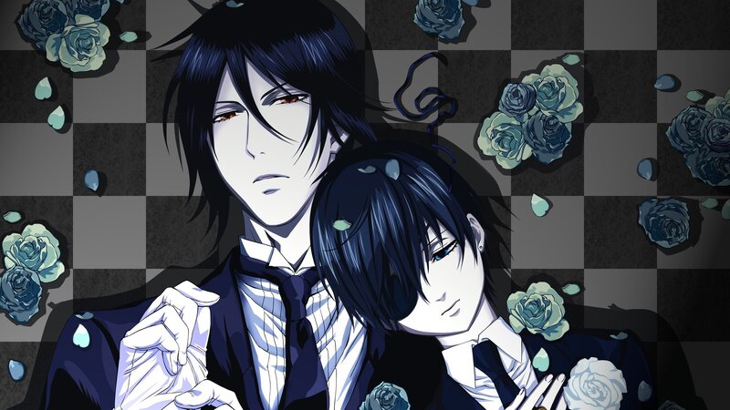 Two Anime Characters — Black, Dramatic, Roses