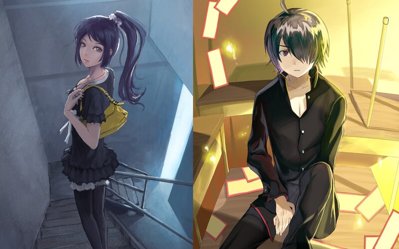 Two Anime Characters — Black, Dramatic, Stairs