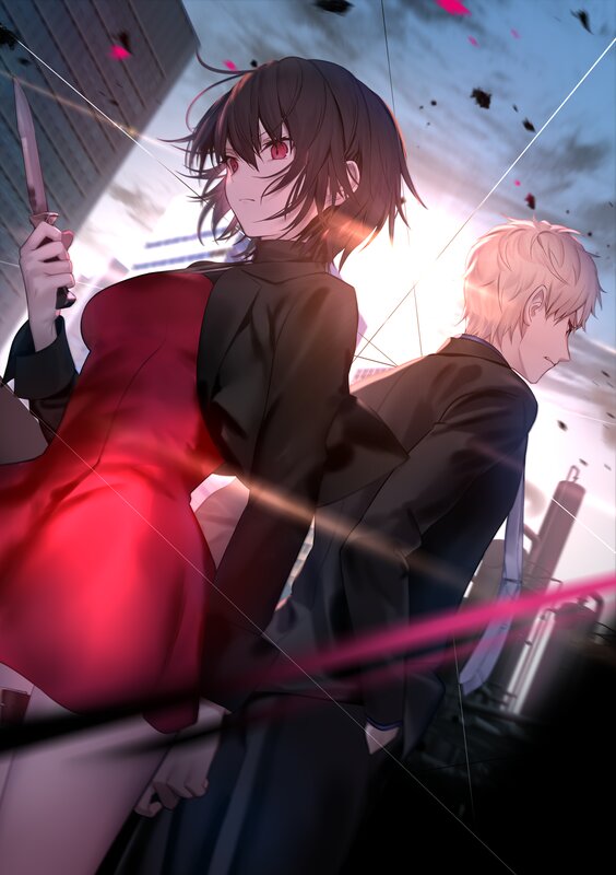 Two Anime Characters — Black, Dramatic, Sunset, Knife