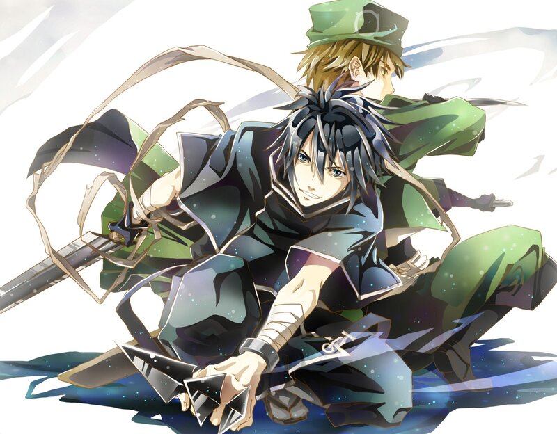 Two Anime Characters — Black, Dramatic, Swords, Green Hat