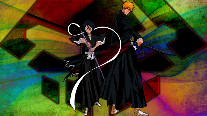 Two Anime Characters — Black, Dramatic, Swords, Kimonos, Colorful Background