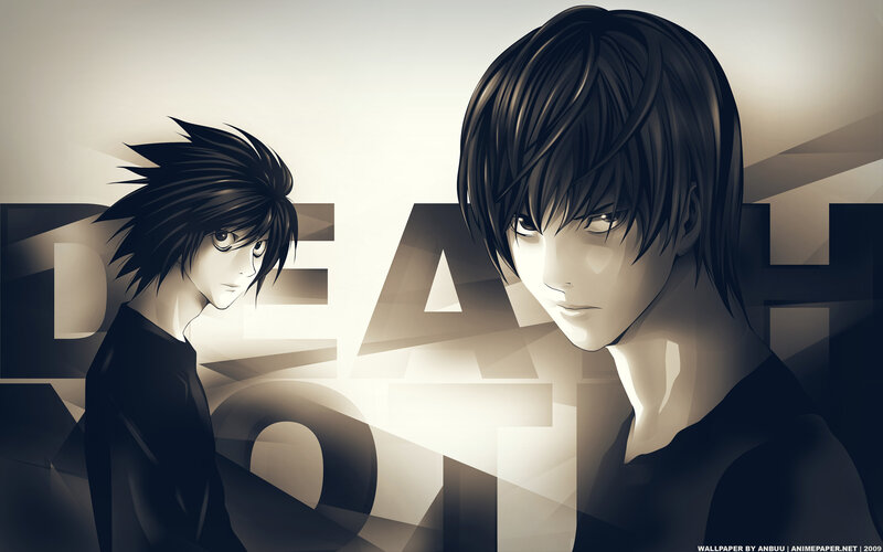 Two Anime Characters — Black, Dramatic, Text, Black Hair, Dark Clothing, White