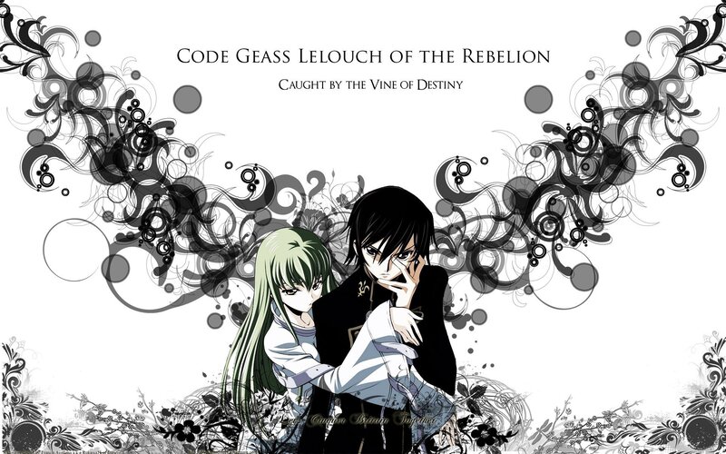 Two Anime Characters — Black, Dramatic, Text, Floral Patterns