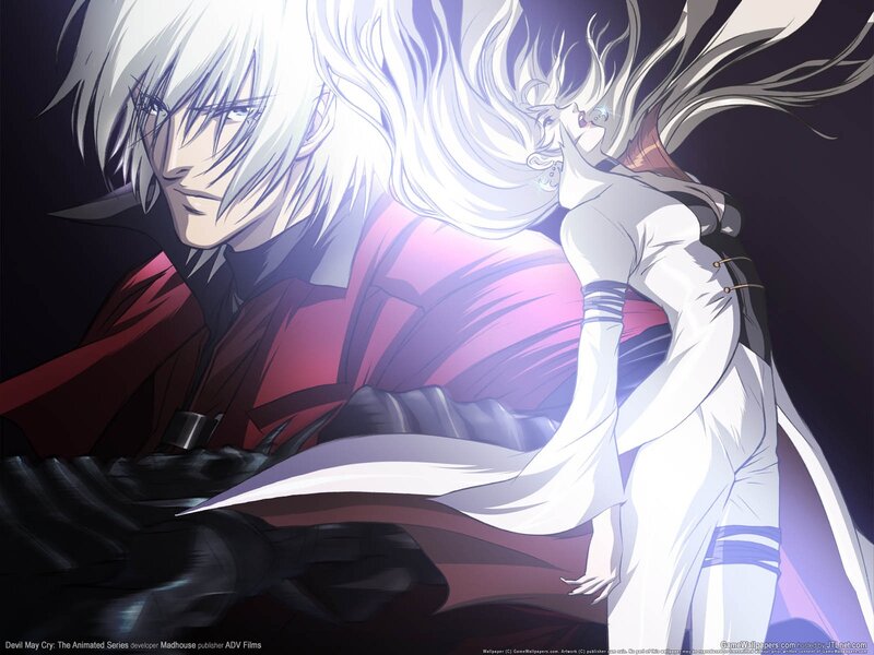 Two Anime Characters — Black, Dramatic, White Hair, Red Coat, Dark Background