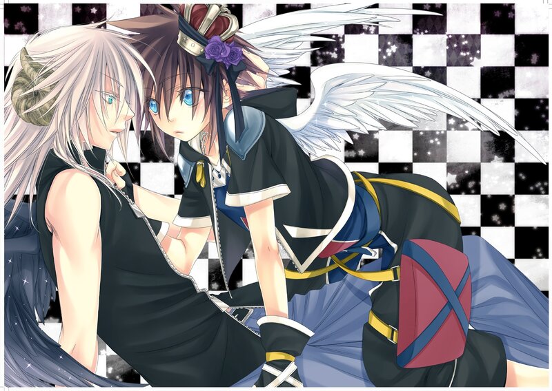 Two Anime Characters — Black, Dramatic, Wings, Checkered Background