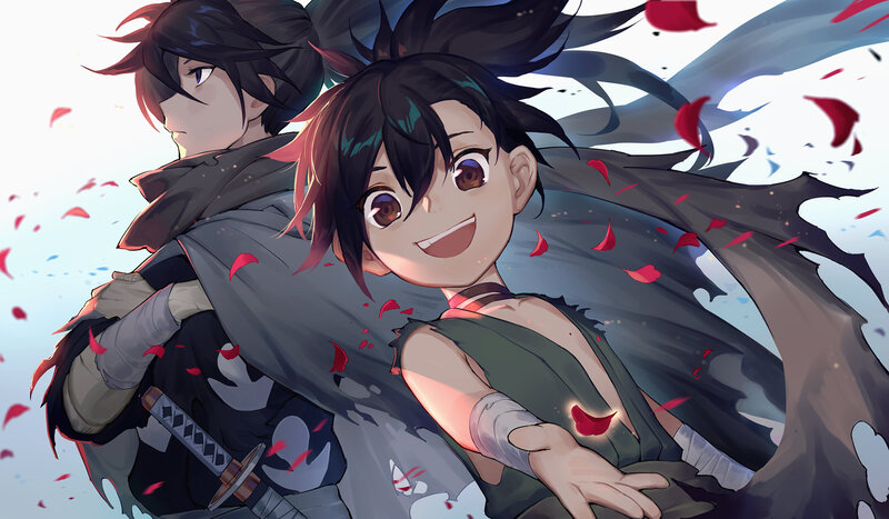 Two Anime Characters — Black, Dynamic, Petals
