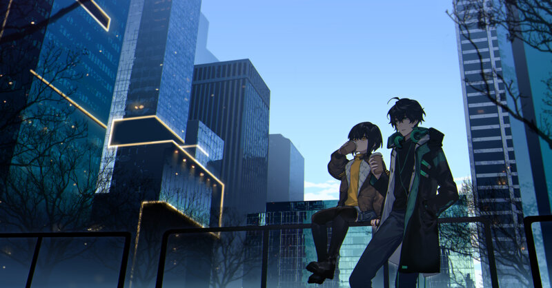 Two Anime Characters — Blue, Calm, Night, City Skyline