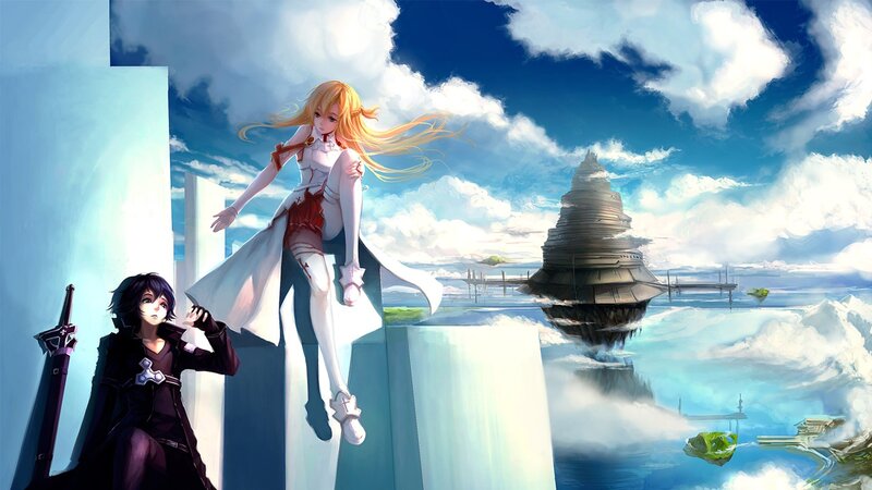 Two Anime Characters — Blue, Dramatic, Afternoon, Digital Art, Floating Island, Sword, Clouds