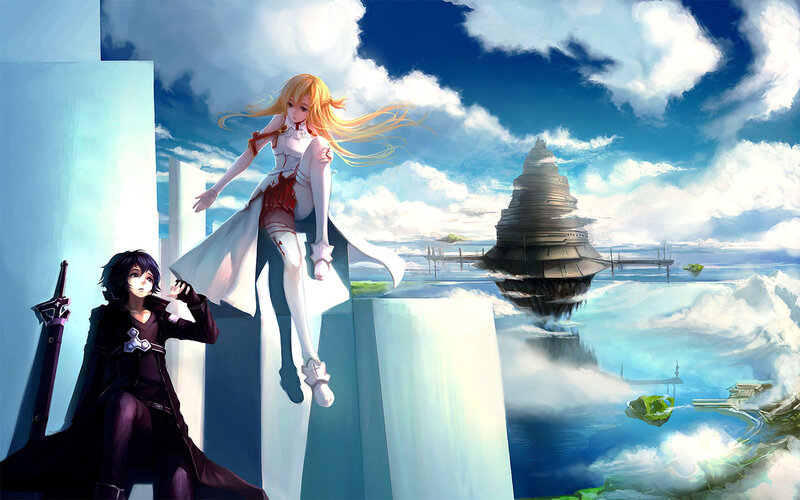 Two Anime Characters — Blue, Dramatic, Afternoon, Digital Art, Floating Island