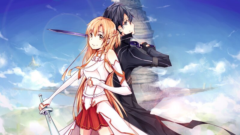 Two Anime Characters — Blue, Dramatic, Afternoon, Sword, Tower