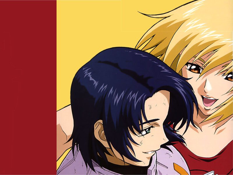 Two Anime Characters — Blue, Dramatic, Anime Art, Yellow Background