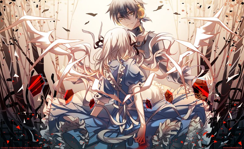 Two Anime Characters — Blue, Dramatic, Digital Art, Red Crystals