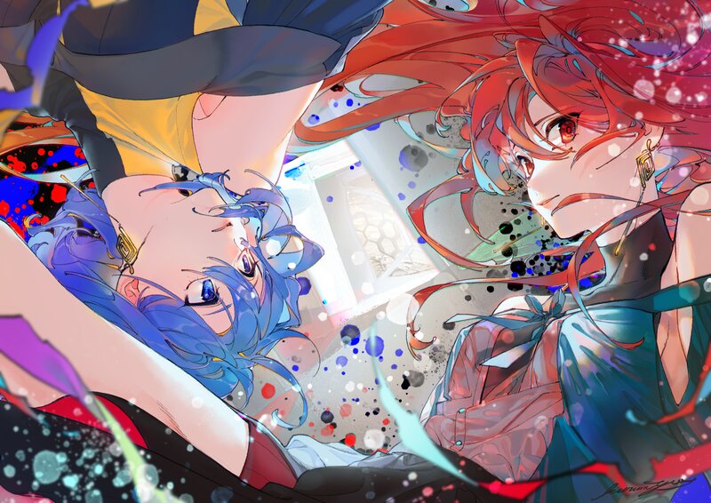 Two Anime Characters — Blue, Dramatic, Digital Art, Splatter