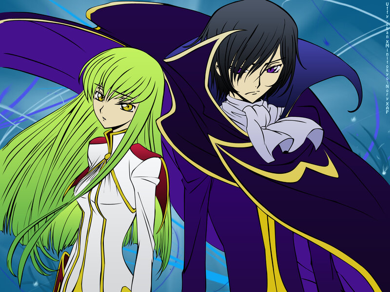 Two Anime Characters — Blue, Dramatic, Green Hair, Purple Cloak