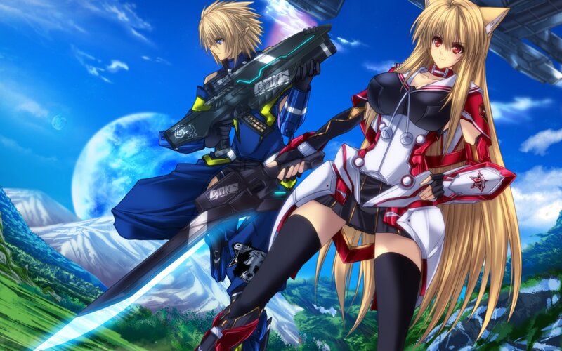 Two Anime Characters — Blue, Dramatic, Gun, Sword, Planet