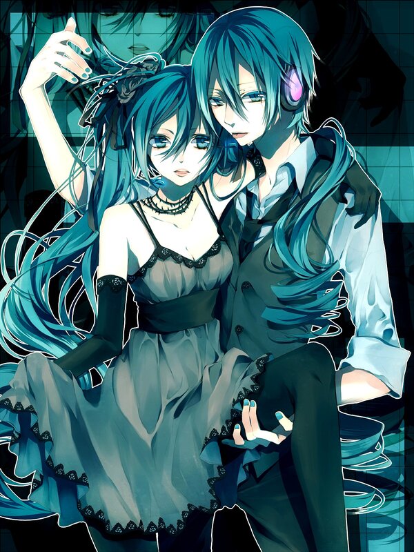 Two Anime Characters — Blue, Dramatic, Headphones, Dress