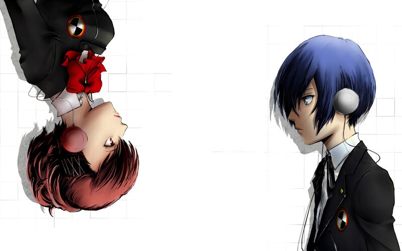 Two Anime Characters — Blue, Dramatic, Headphones, School Uniform