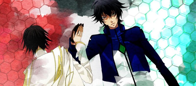 Two Anime Characters — Blue, Dramatic, Hexagonal Pattern