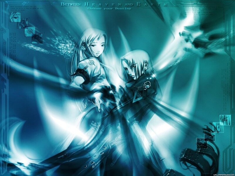 Two Anime Characters — Blue, Dramatic, Light Beams