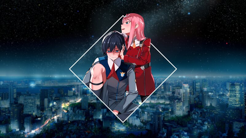 Two Anime Characters — Blue, Dramatic, Night, Cityscape, Night Sky