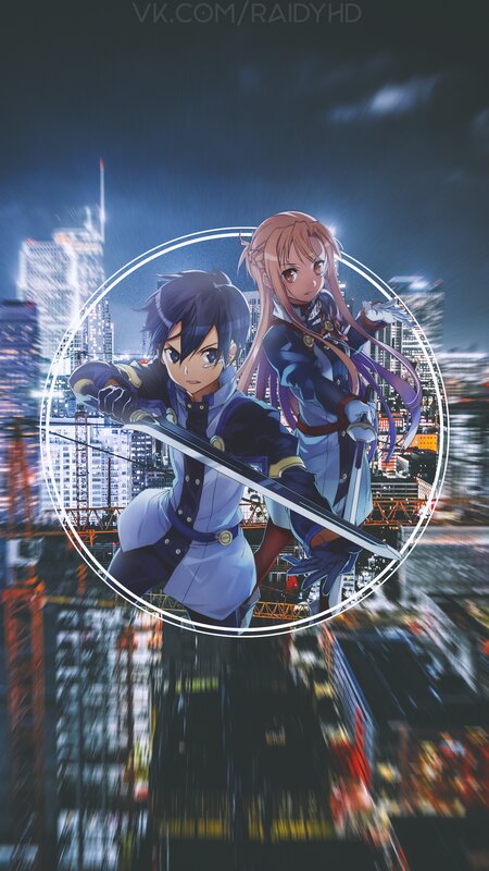 Two Anime Characters — Blue, Dramatic, Night, Cityscape, Swords