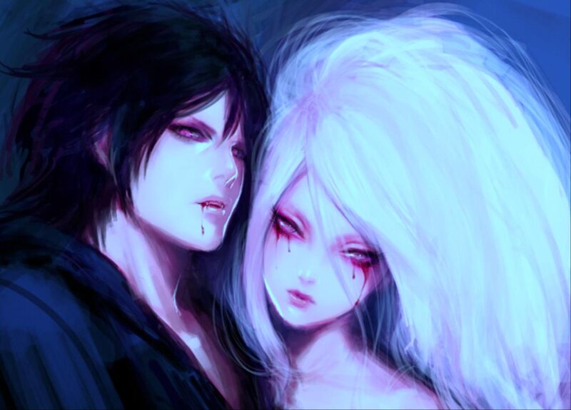 Two Anime Characters — Blue, Dramatic, Night, Digital Art, Blood