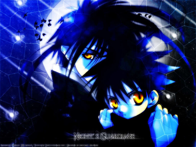 Two Anime Characters — Blue, Dramatic, Night, Digital Art, Blue Hexagonal Pattern