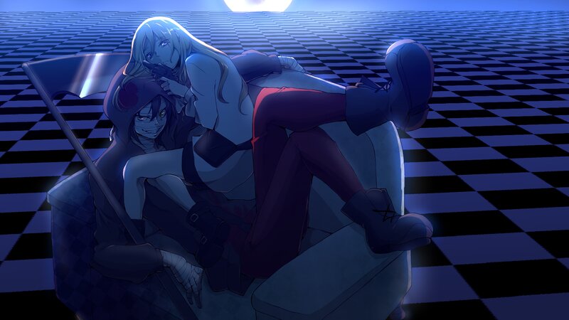 Two Anime Characters — Blue, Dramatic, Night, Digital Art, Checkered Floor